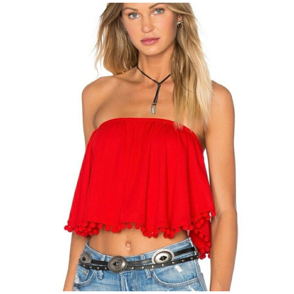 Show Me Your MuMu Women's Banjo Strapless Pom Pom Hem Coachella Crop Top S